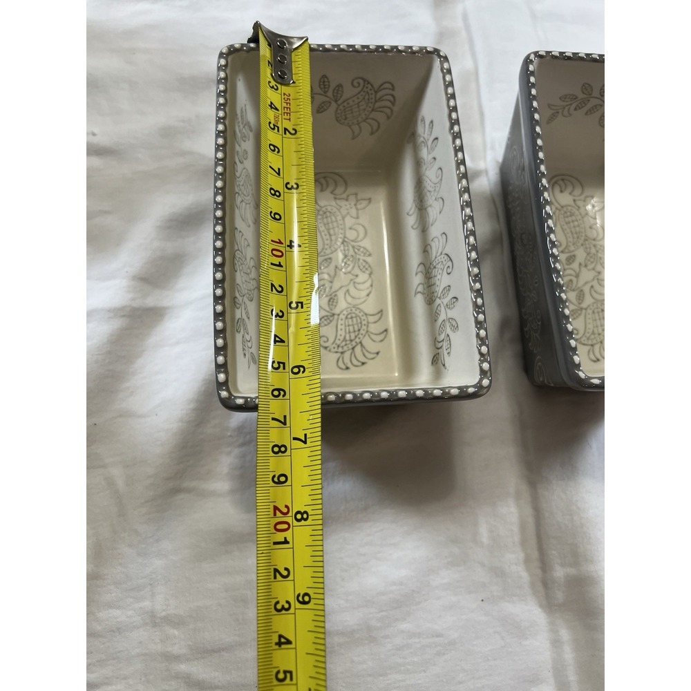 Baum Gray Floral Stoneware Mini Loaf Pans Set of‎ 2 Oven Safe Beaded Rim Modern - Picture 10 of 11